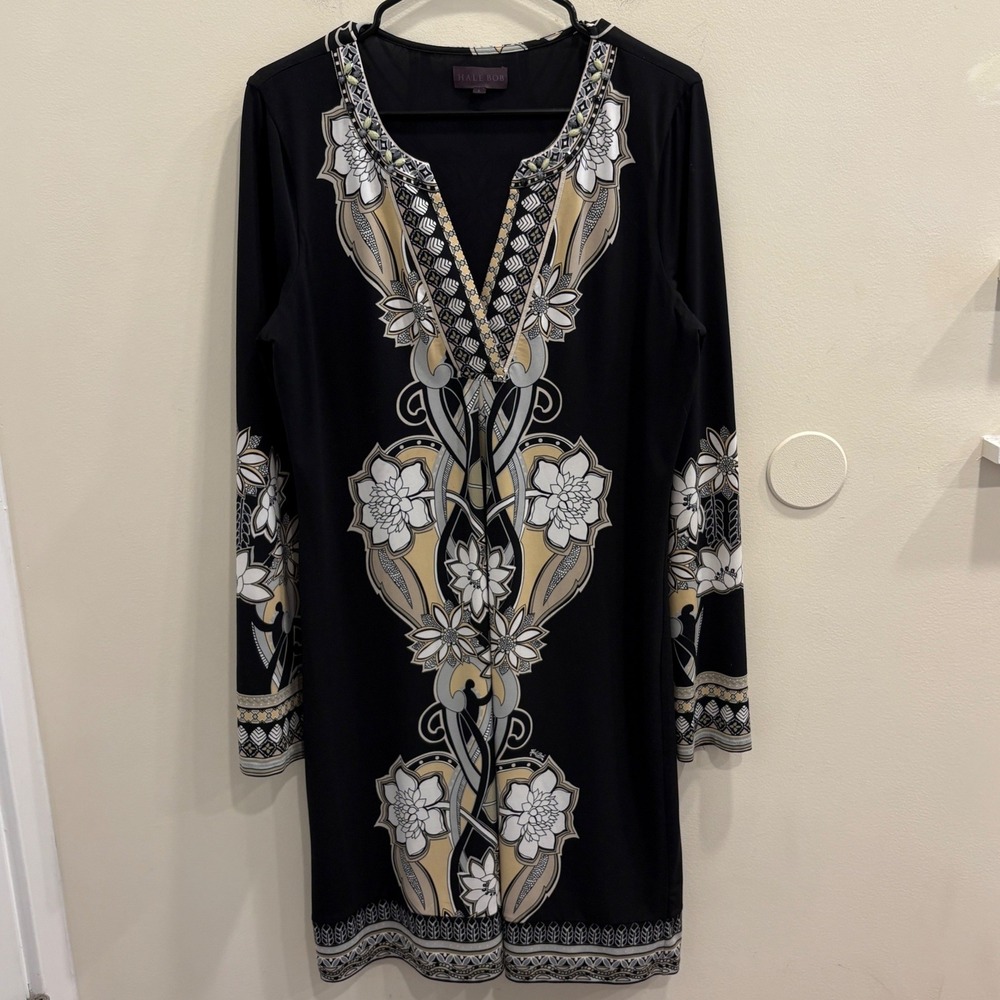 Hale Bob Black Gold Floral Medallion Beaded Tunic Stretch Jersey Shift Dress L